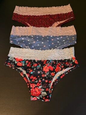 Victoria's Secret Womans Lace-Waist Briefs in Black Floral, Denim Dot & Burgundy